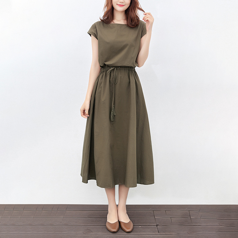 日式簡約文藝可收腰寬鬆棉麻連身裙(9色)