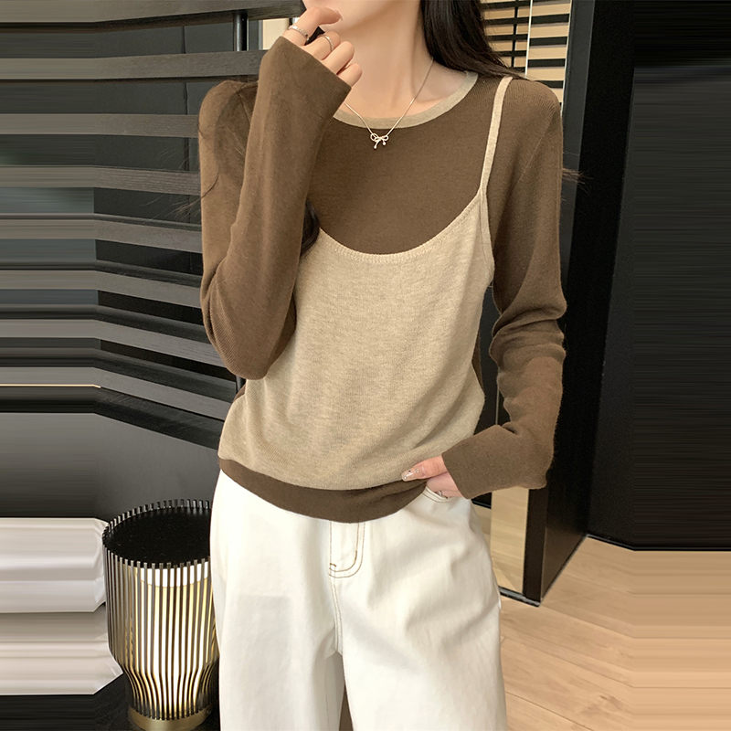 韓系圓領撞色假兩件長袖針織衫(3色)