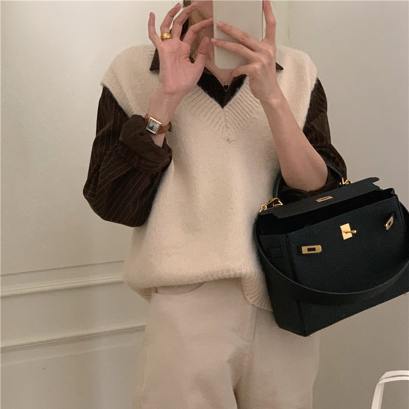 韓版百搭條紋長袖襯衫 +V領馬甲套裝