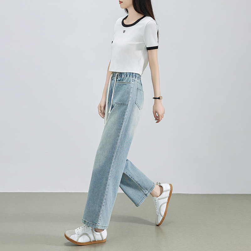 休閒鬆緊腰直筒牛仔褲