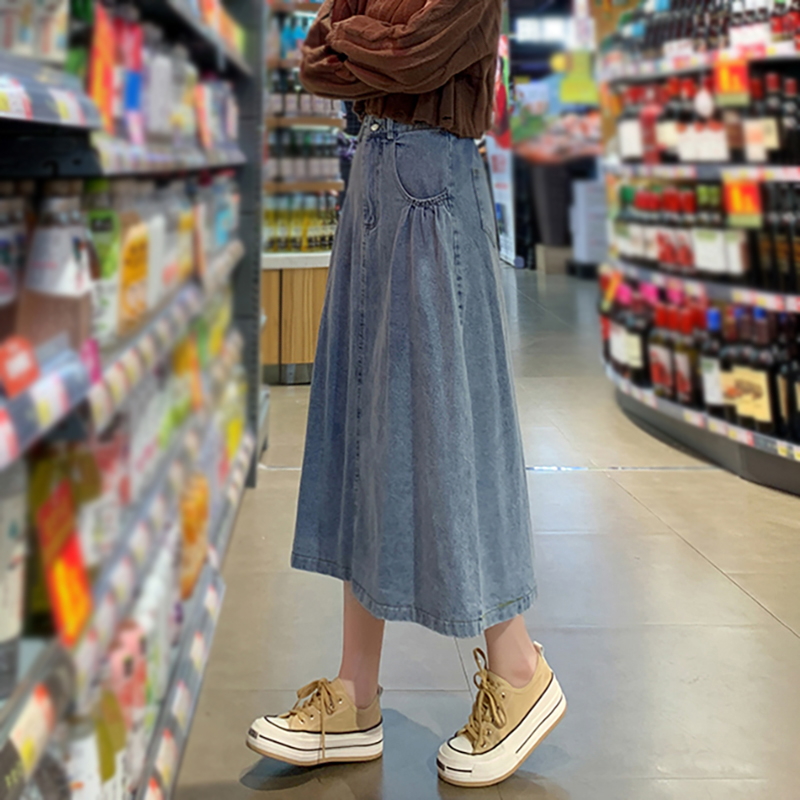 休閒鬆緊高腰A字洗水牛仔裙