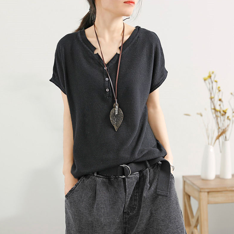 韓系簡約針織V領短袖T恤(6色)