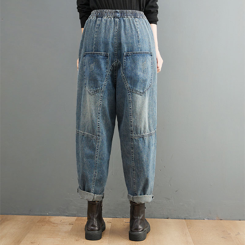 復古寬鬆洗水磨白高腰九分牛仔褲