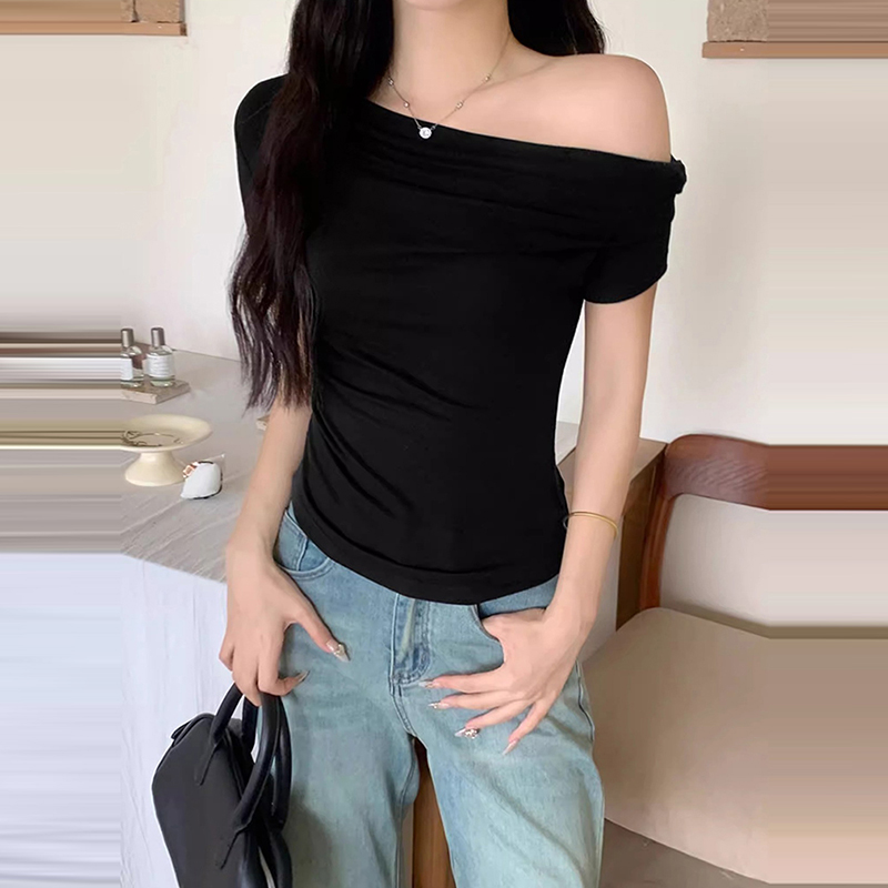 時尚一字露肩短袖T恤(5色)