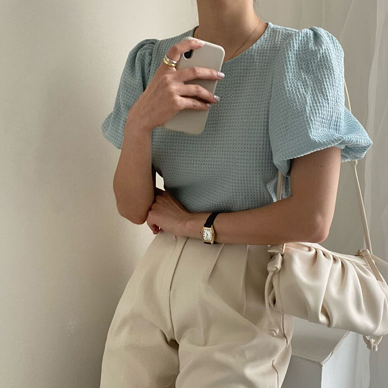 溫柔鏤空圓領泡泡袖針織T恤(3色)