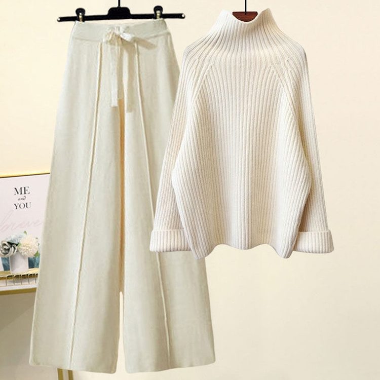 韓版慵懶風加厚粗毛線針織衫/垂感闊腿褲兩件套