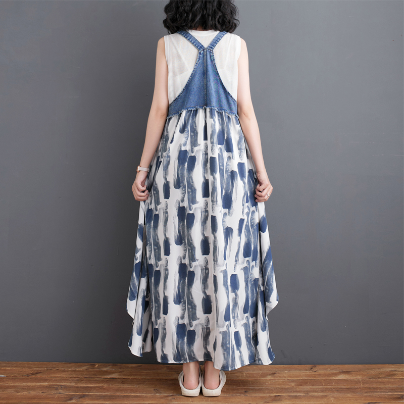 韓系荷葉邊牛仔拼接設計背帶款連身裙（4色）