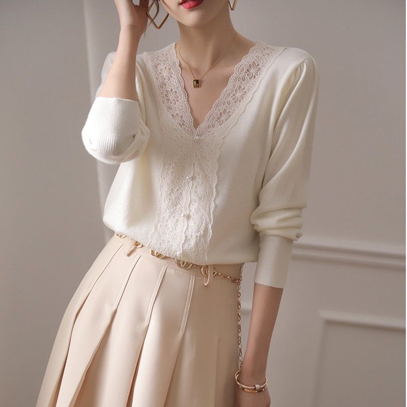 高級感蕾絲拼接設計V領針織衫(2色)