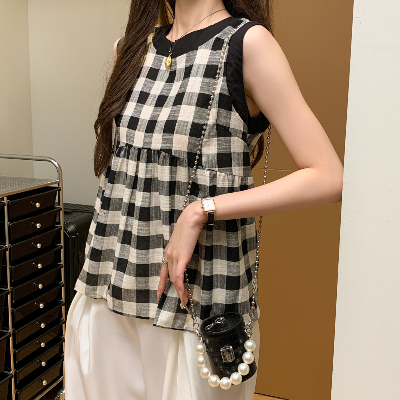 日系格紋撞色無袖背心娃娃衫(2色)
