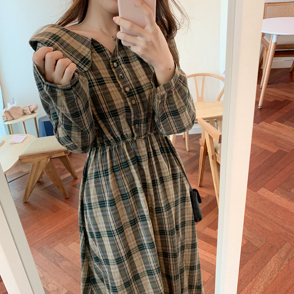 韓系格纹学院风连身裙(2色)