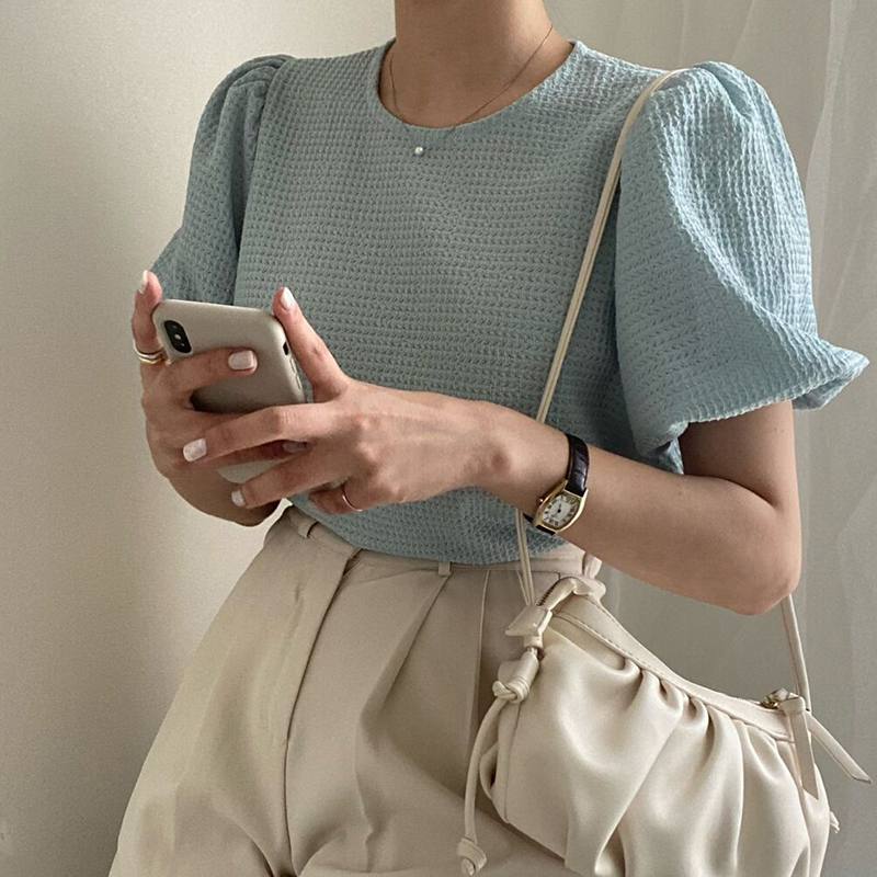 溫柔鏤空圓領泡泡袖針織T恤(3色)