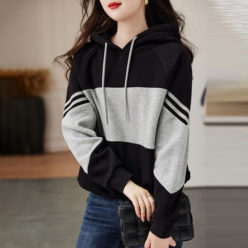 寬鬆條紋拼接休閒連帽衛衣