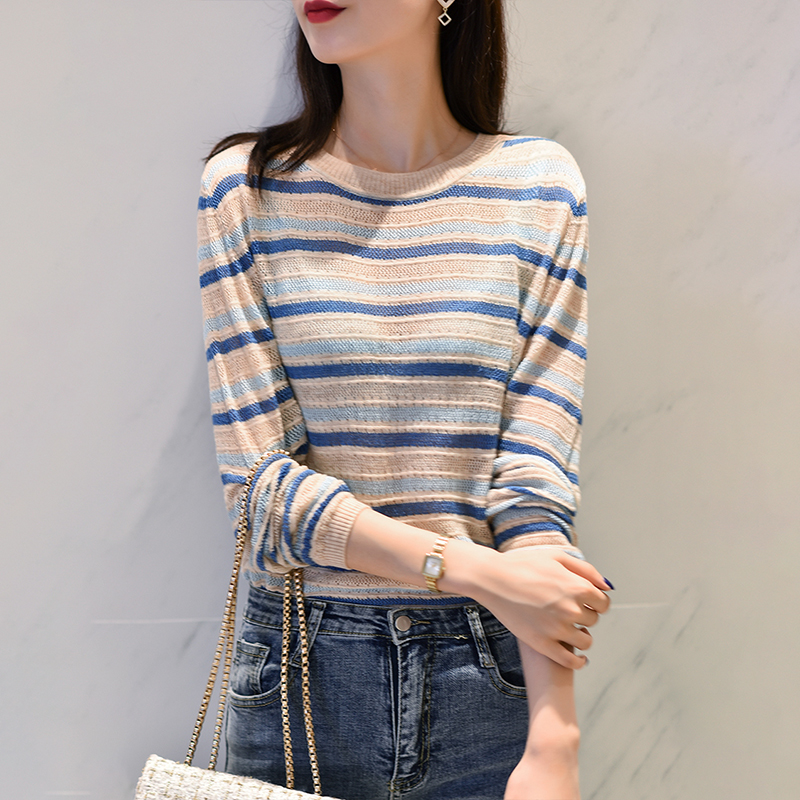 薄條條紋鏤空針織衫(2色)