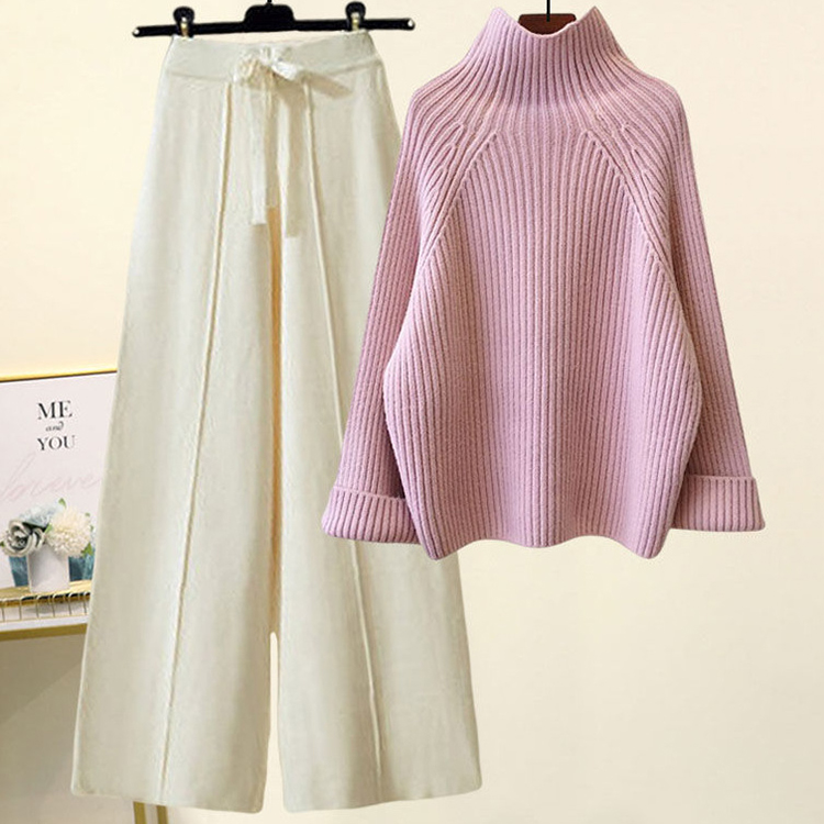 韓版慵懶風加厚粗毛線針織衫/垂感闊腿褲兩件套