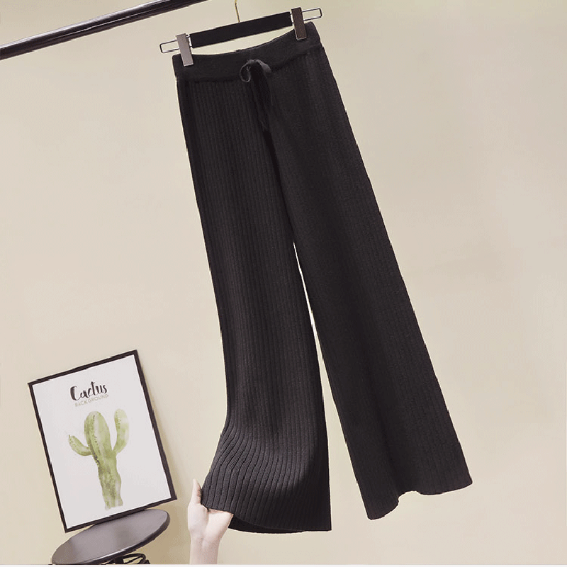 日系高腰寬鬆毛線針織直筒寬闊腿褲(6色)