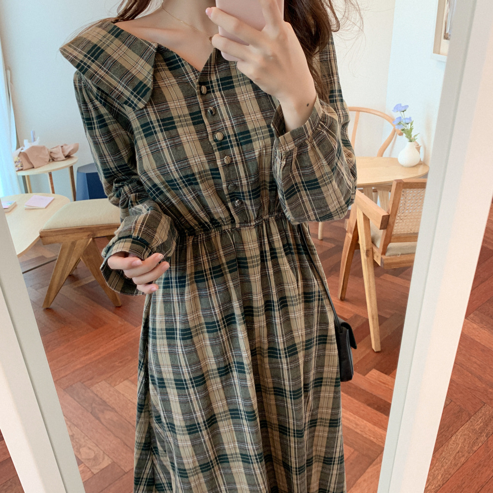 韓系格纹学院风连身裙(2色)