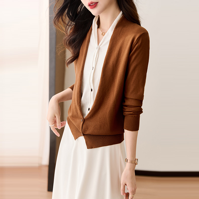 寬鬆假兩件V領拼色針織開襟衫