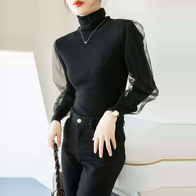 時尚高領蕾絲網紗長袖針織毛衣