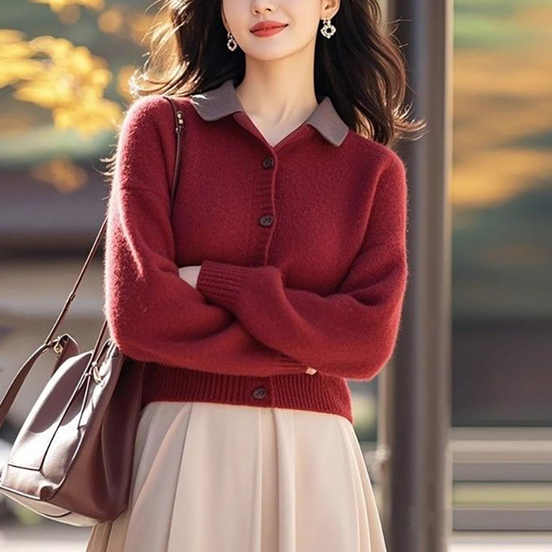 翻領安哥拉紅長袖針織開襟衫