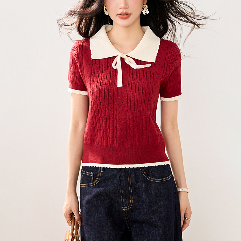 法式甜美POLO領短袖針織T恤(2色)