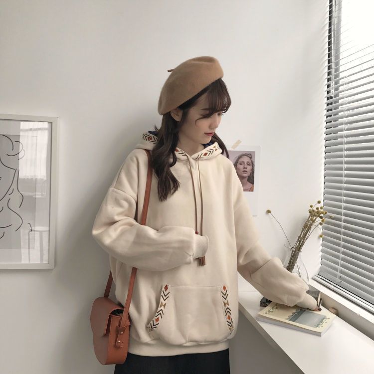 復古刺綉雙層帽後包領寬鬆加絨衛衣(2色)