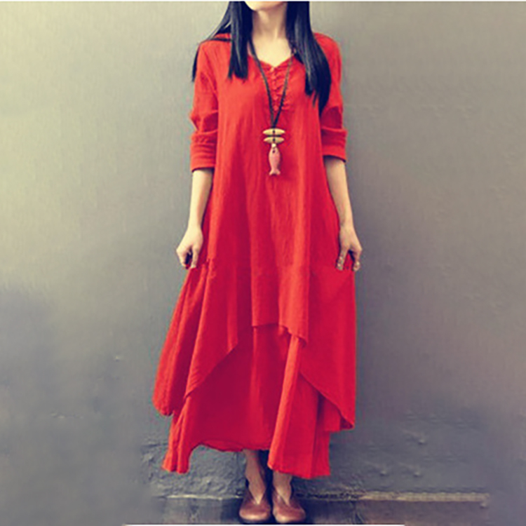 復古假兩件大擺長袖棉麻連身裙(5色)