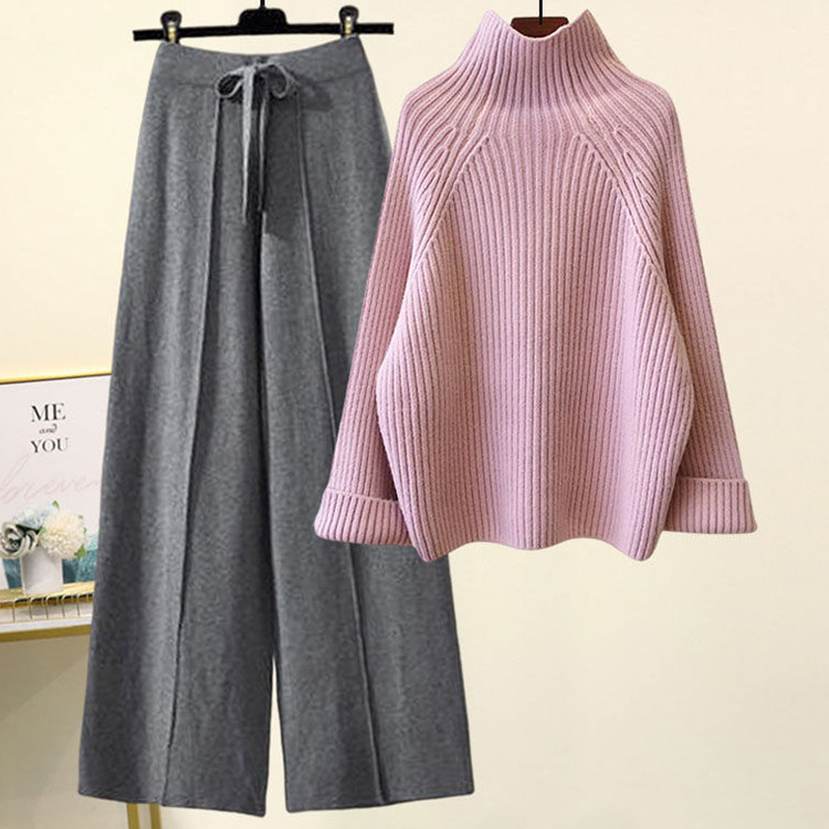 韓版慵懶風加厚粗毛線針織衫/垂感闊腿褲兩件套