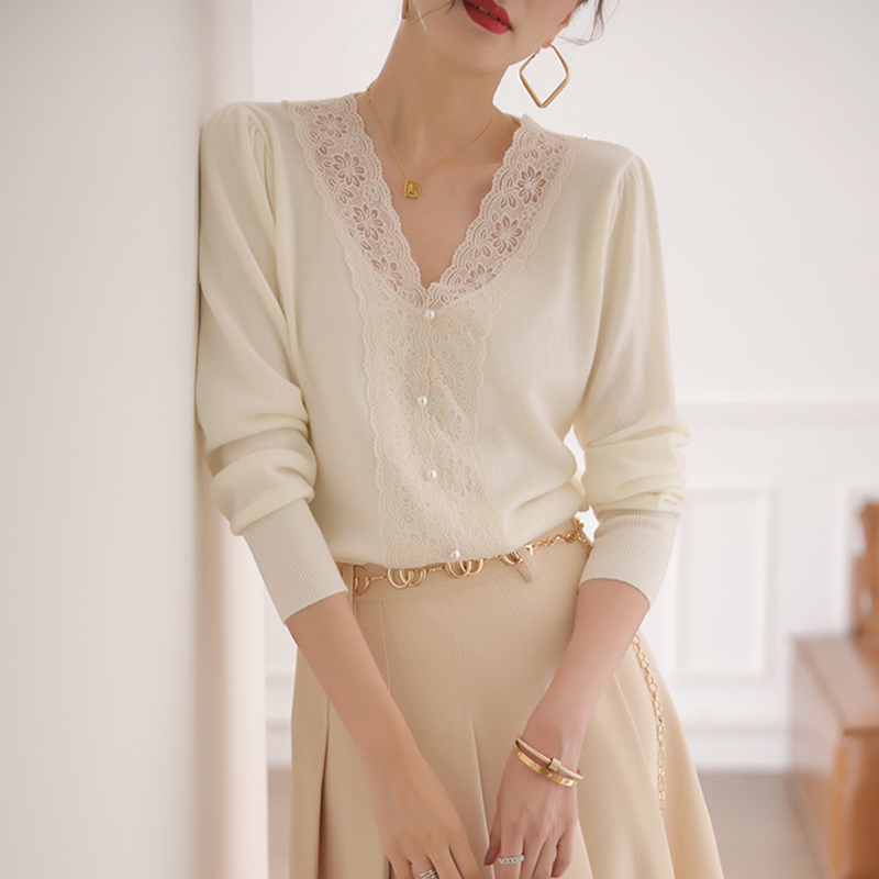 高級感蕾絲拼接設計V領針織衫(2色)
