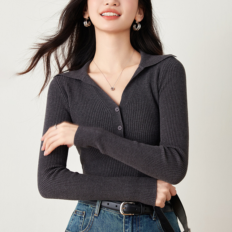 時尚百搭翻領修身針織衫(2色)