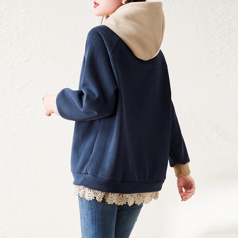 連帽拼色蕾絲下擺設計寬鬆衛衣