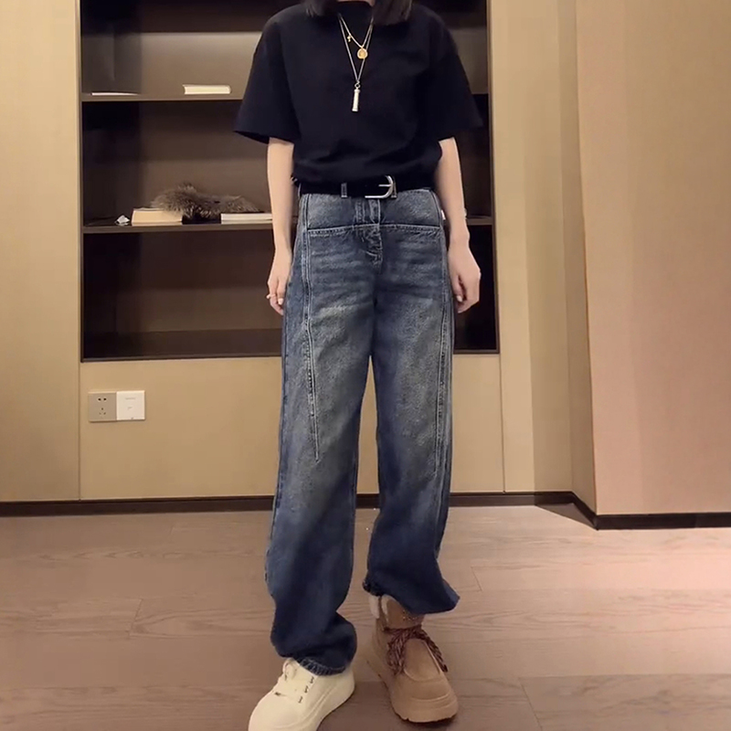 【S-4XL】秋冬顯瘦寬鬆直筒彎刀闊腿牛仔褲