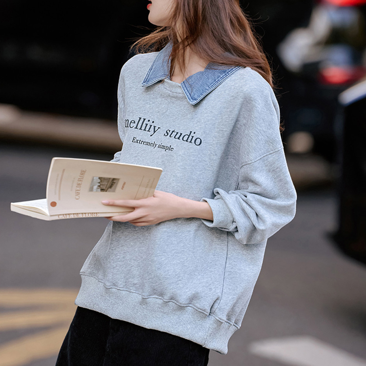 假兩件牛仔翻領字母印花衛衣