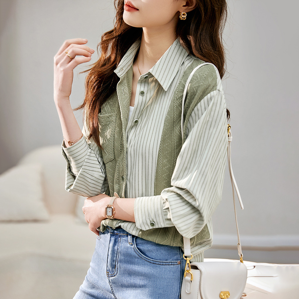 全新時尚針織條紋拼接襯衫