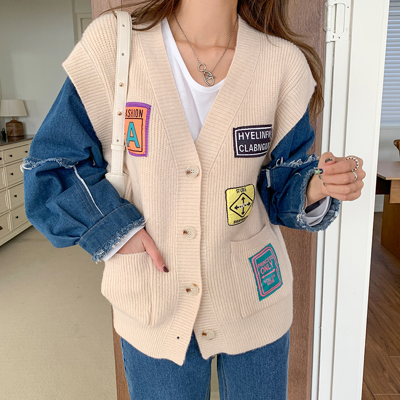 韓系牛仔拼接寬鬆慵懶風針織外套(2色)