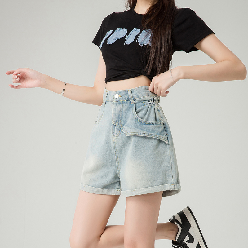 高腰口袋顯瘦寬腿A字牛仔短褲