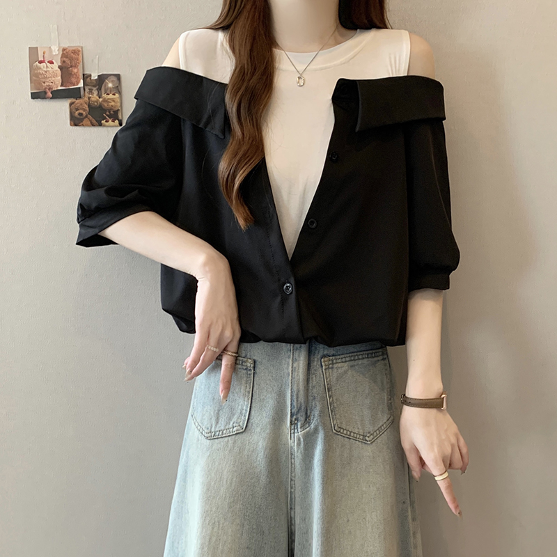 百搭設計感小眾假兩件露肩襯衫(2色)