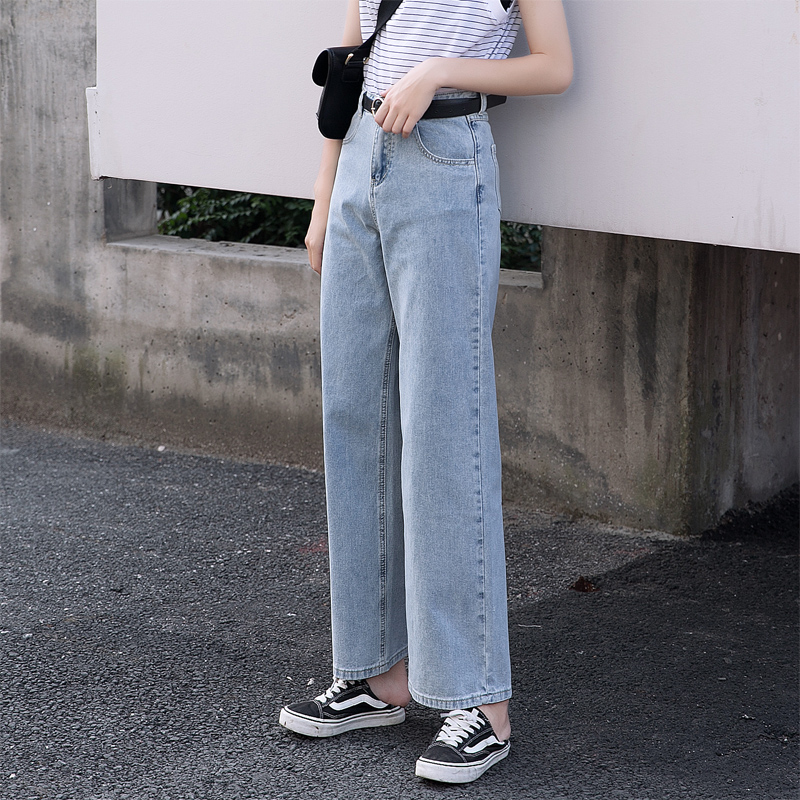 簡約高腰寬鬆直筒牛仔闊腿褲