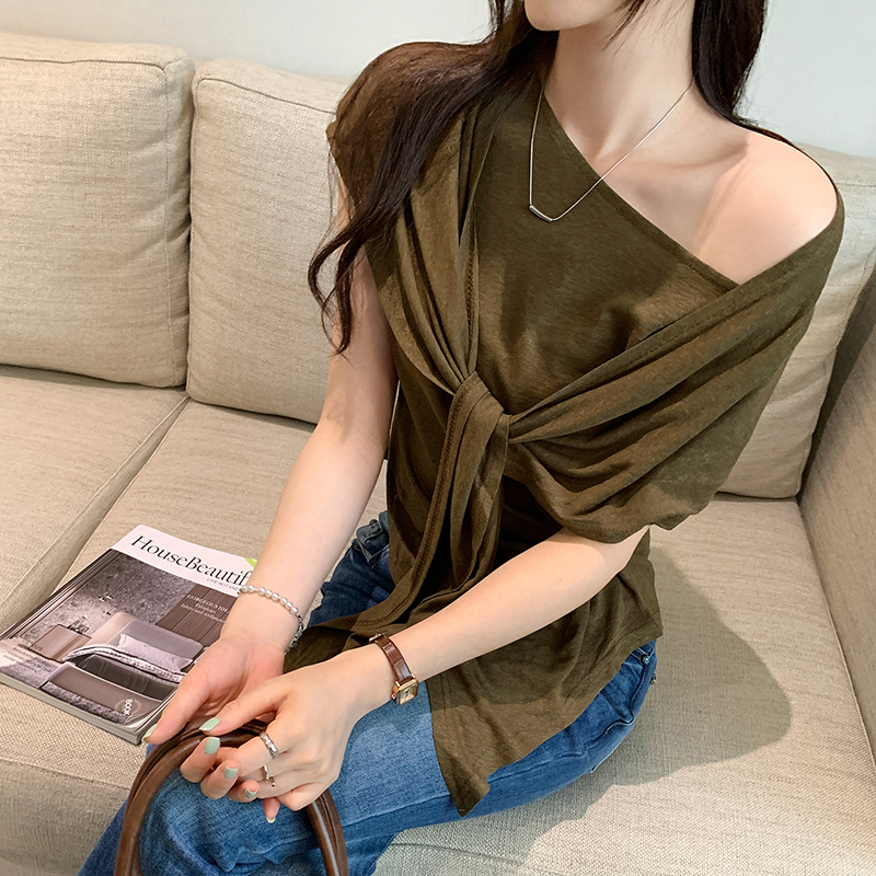 收腰顯瘦斜肩慵懶披肩短袖上衣兩件套裝(2色)