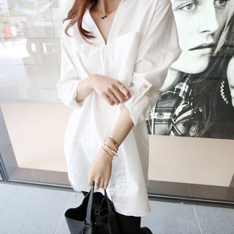 韓系BF風寬鬆V領大碼中長款襯衫