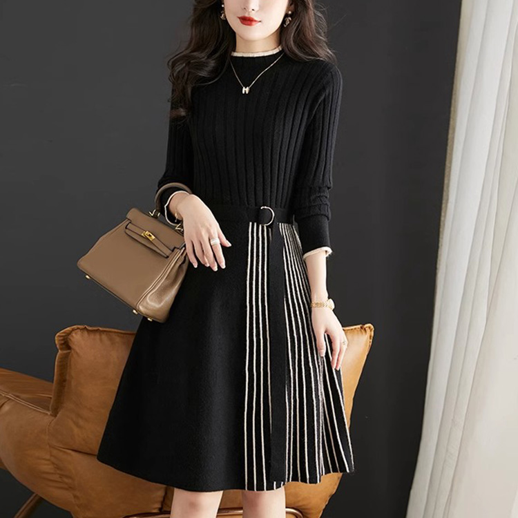 寬鬆優雅百褶A型針織連身裙(3色)