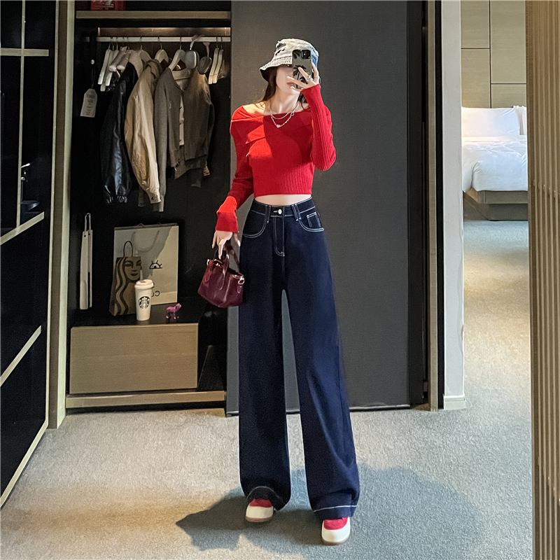 韓系高腰寬鬆遮胯闊腿丹寧藍牛仔褲