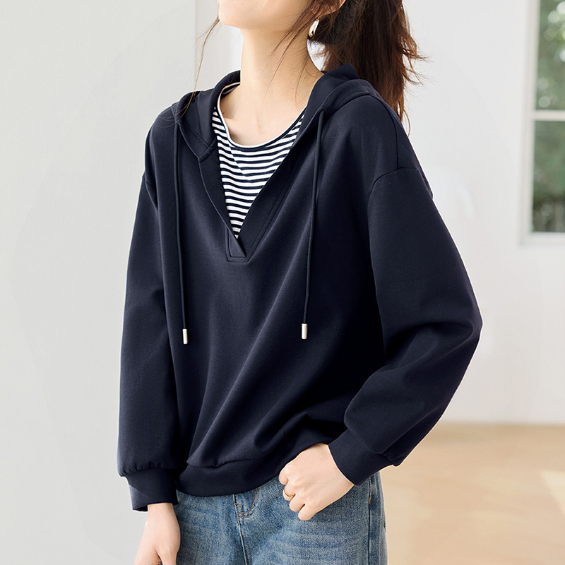 撞色條紋拼接假兩件連帽衛衣(2色)