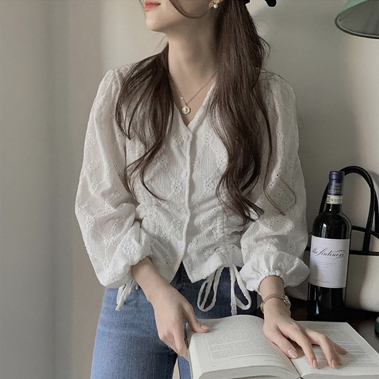 韓國V領抽繩繫帶鉤花襯衫