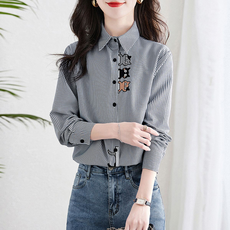 貓咪圖案刺繡條紋翻領襯衫