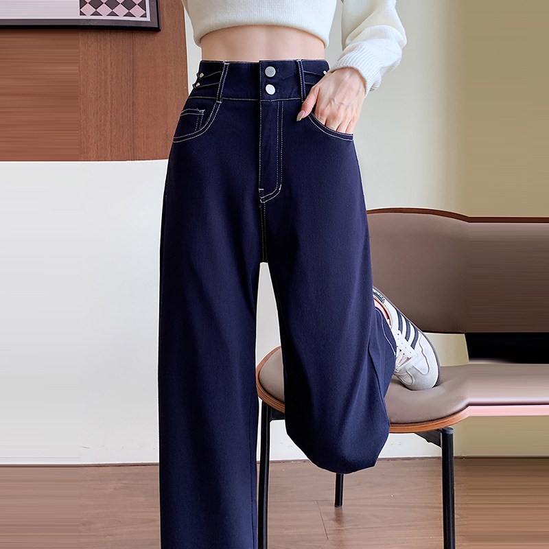 寬鬆顯瘦直筒針織牛仔彈性褲