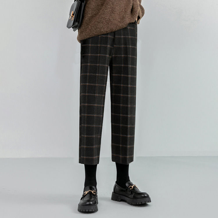 韓系百搭格紋直筒修身八分/九分褲