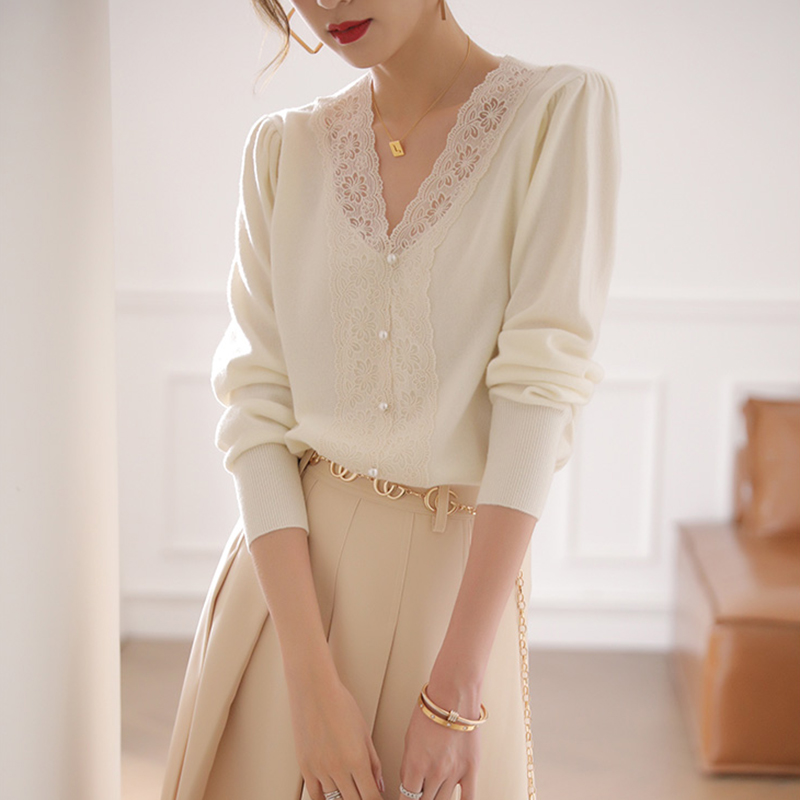 高級感蕾絲拼接設計V領針織衫(2色)