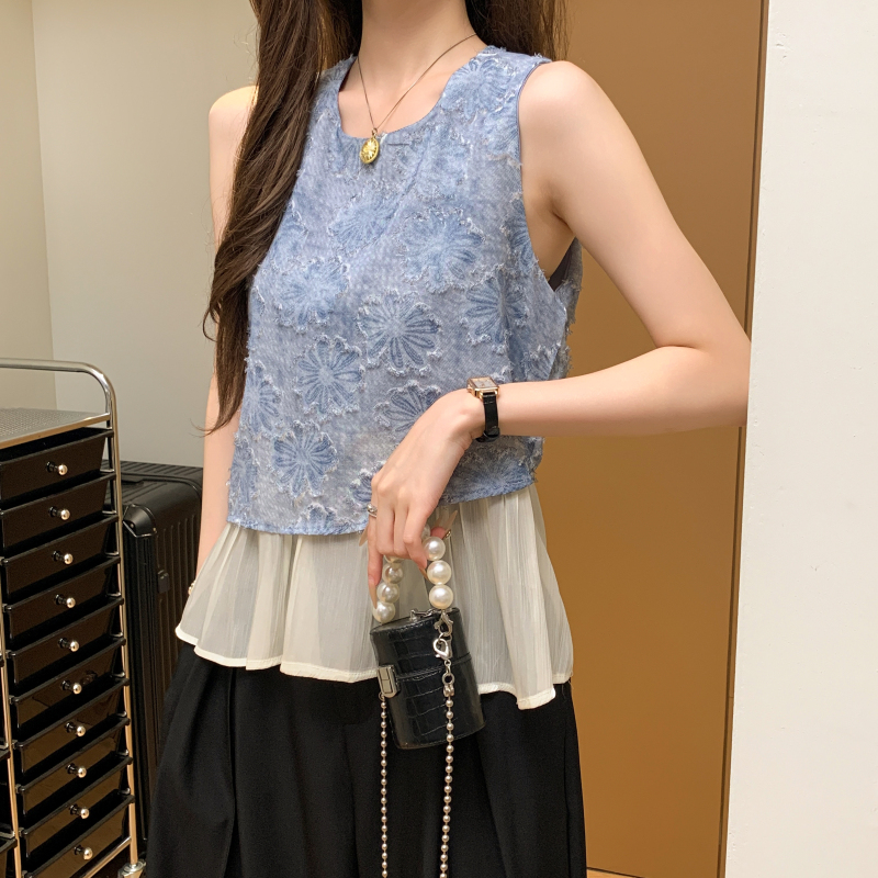 假兩件拼接鏤空設計坎肩無袖襯衫(3色)