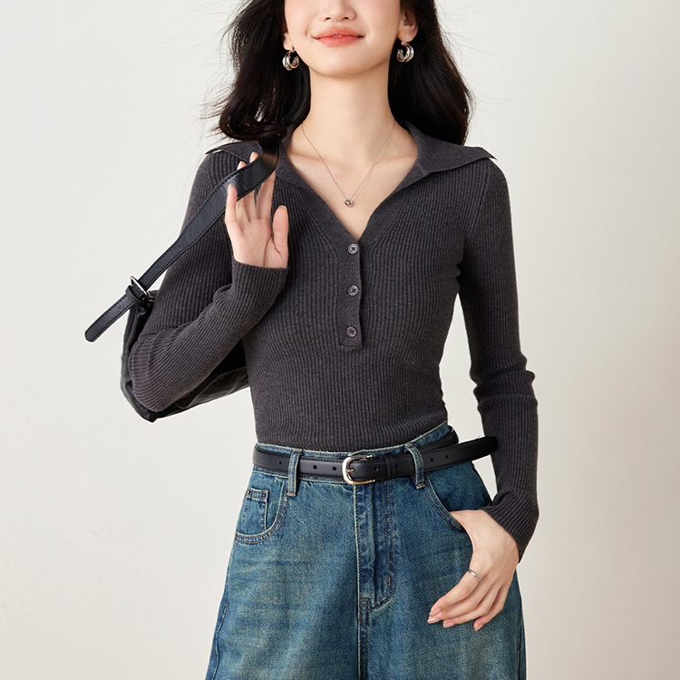 時尚百搭翻領修身針織衫(2色)