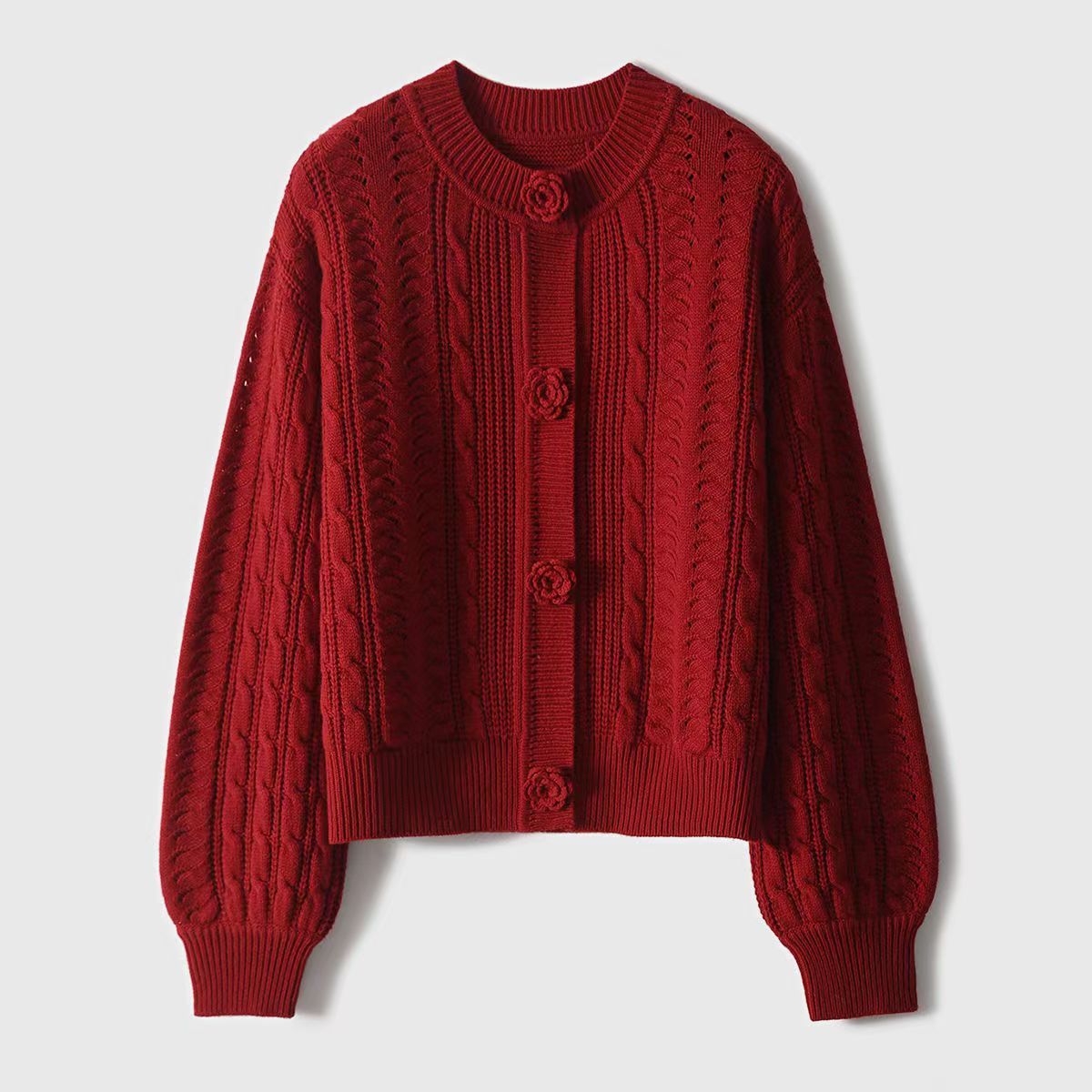 立體花朵提花復古針織開襟衫